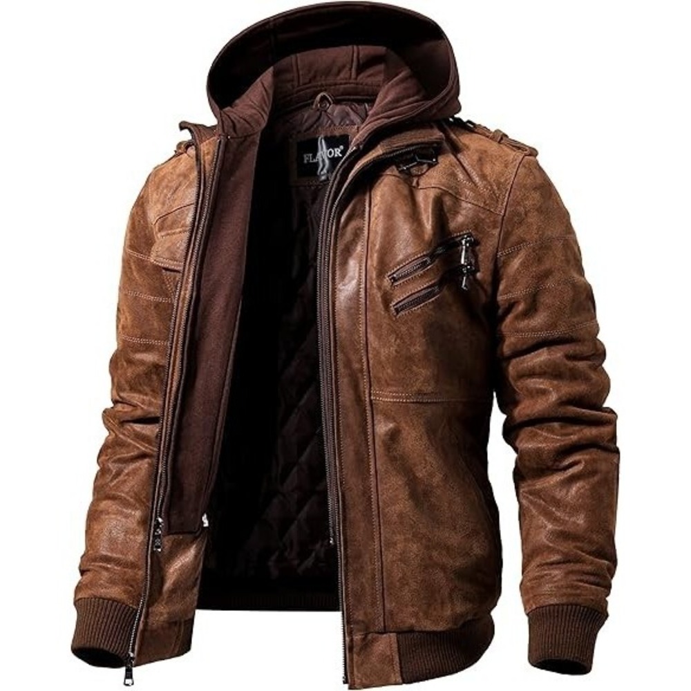 FLAVOR Men's Leather Moto Jacket – Brown – Removable Hood – Size Medium